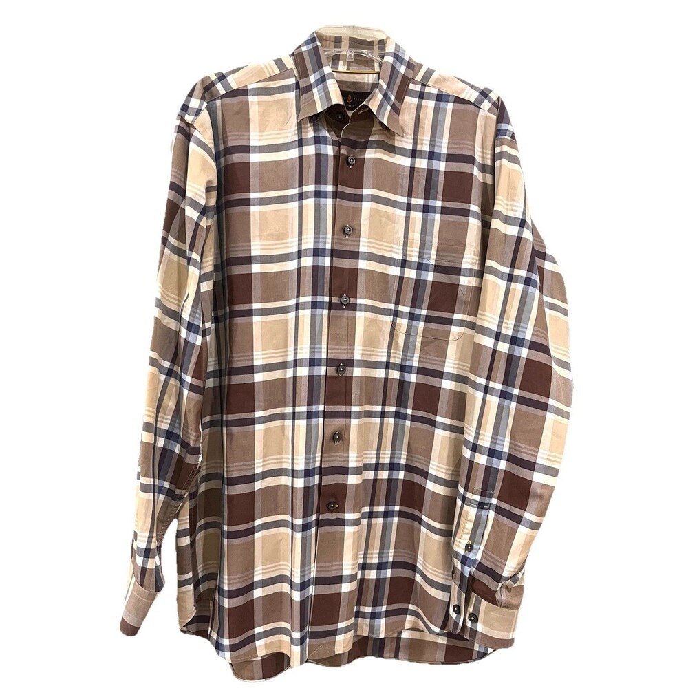 Robert Talbott Classic 100% Cotton Brown Beige Blue White Plaid Button Up Shirt